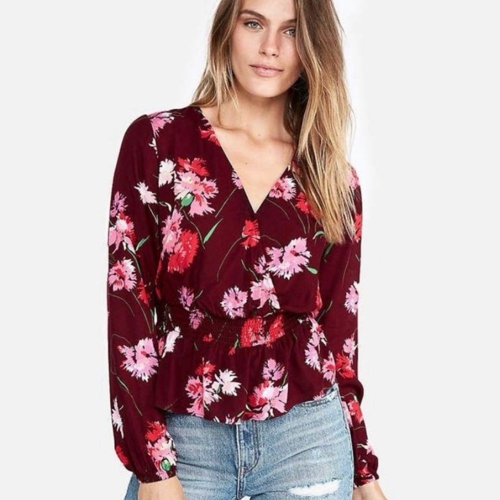 Floral Smocked Waist Surplice Blouse
